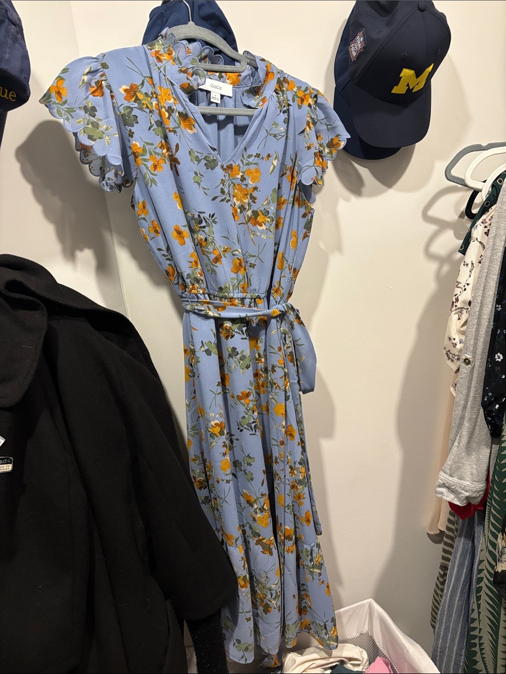 CeCe Light Blue Floral Maxi Dress with Tie Waist